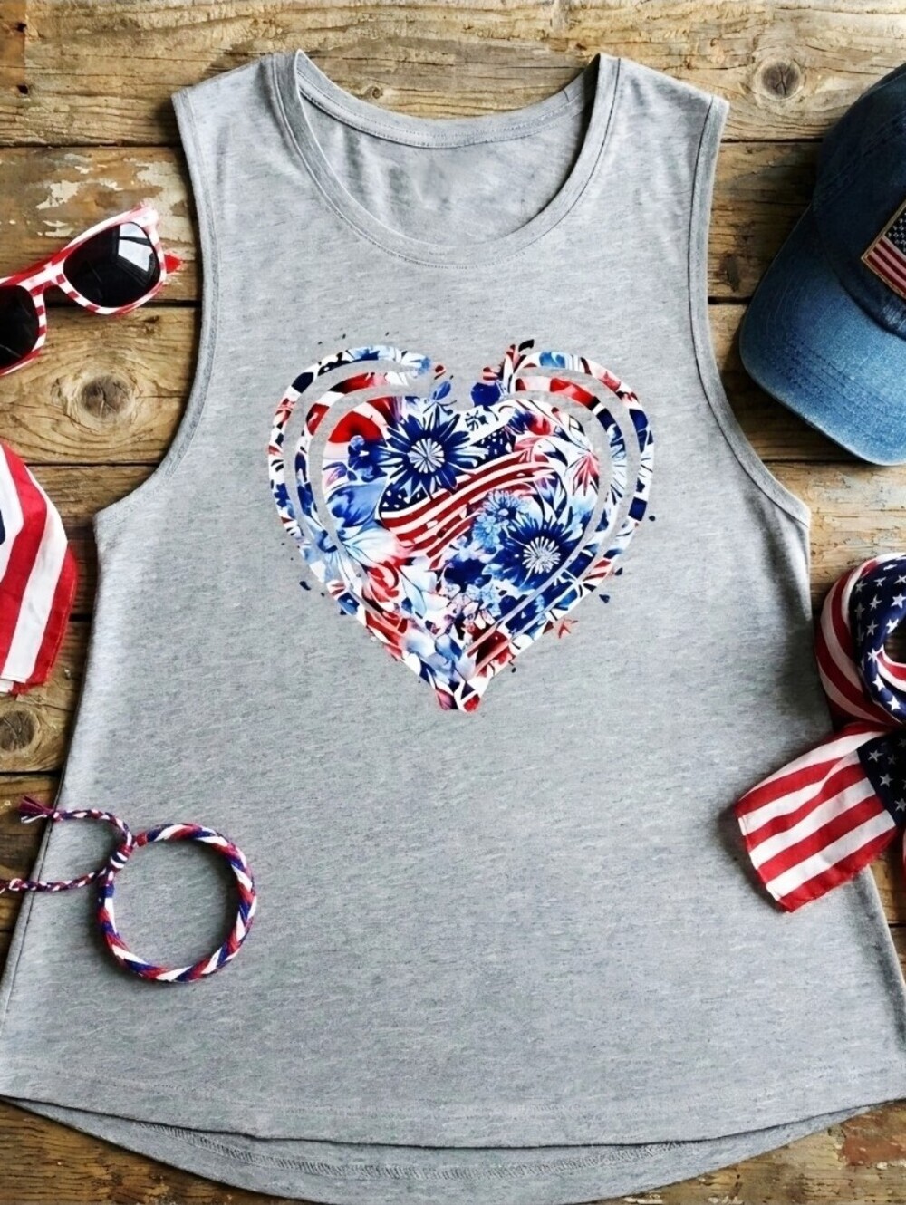 Patriotic Floral Heart Tank Top • Red White Blue Americana Shirt Women’s Summer